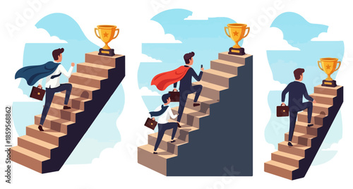 Businessmen climbing stairs to success trophy.
