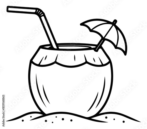 Coconut Drink with Straw and Umbrella.