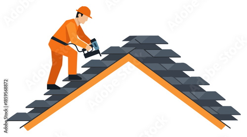 Construction worker installing roof shingles on pitched roof.