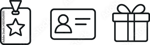 Minimalistic icons of badge, id card, and gift box on dark gradient background