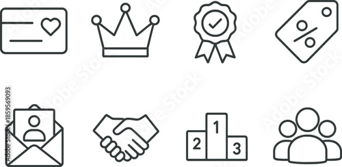 Minimalist icons loyalty cards, crowns, and awards on gradient background