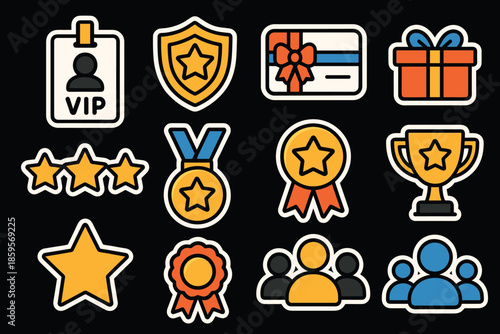 Colorful badge and trophy icons for achievements and rewards
