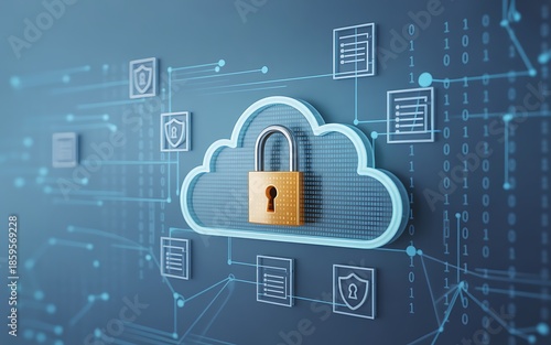 Cloud computing security concept with padlock on blue background