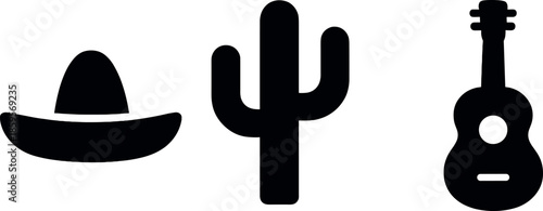 Mexican silhouette icons sombrero, cactus, guitar on dark background