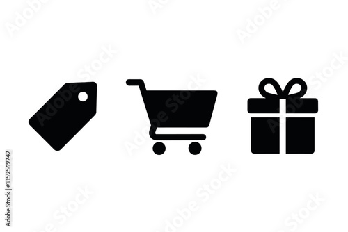 Simple icons of tag, shopping cart, and gift in black silhouette style