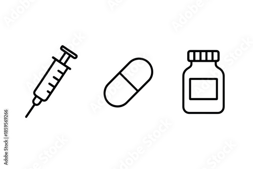 Minimalist medical icons syringe, capsule, and medicine bottle in linear style