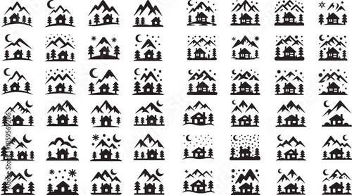 black and white mountain landscape icons with houses and trees on white background