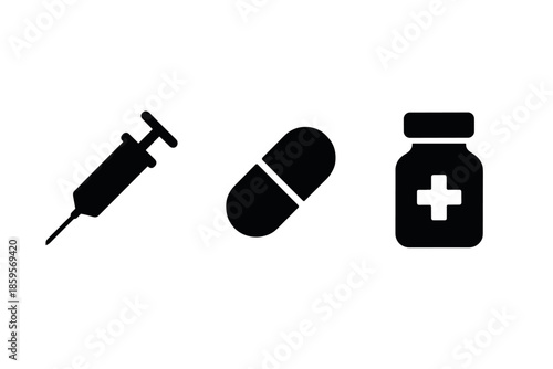 Healthcare icons syringe, capsule, and medicine bottle in silhouette style