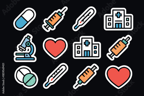 Healthcare icons syringe, thermometer, microscope, hospital, heart, capsule in flat style