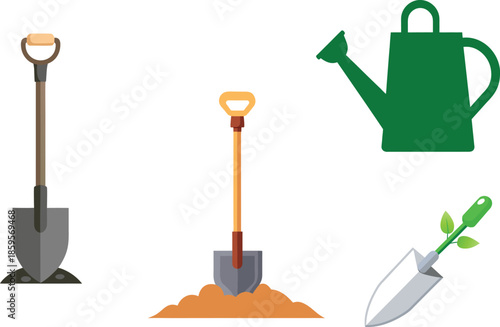 Vector illustration of a professional set of gardening tools featuring a metal shovel and spade with wooden handles alongside a rake and cleaning brush isolated on a white background for construction 