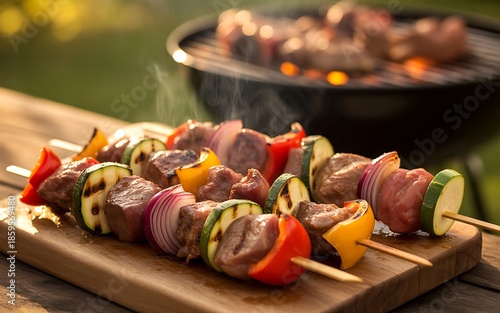 Grilled meat and vegetable skewers on wooden board outdoors
