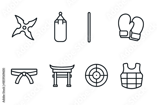 Minimalist martial arts icons set featuring karate, boxing, and equipment