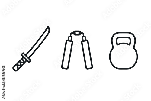Martial arts equipment icon set featuring sword, nunchaku, and kettlebell