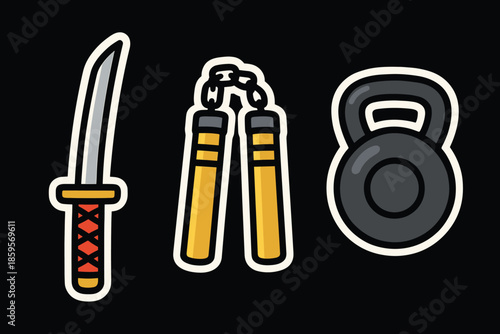 Colorful martial arts icons sword, nunchaku, kettlebell on black background
