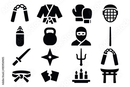 Martial arts icons set featuring nunchaku, karate gi, boxing gloves, kettlebell, and ninja mask
