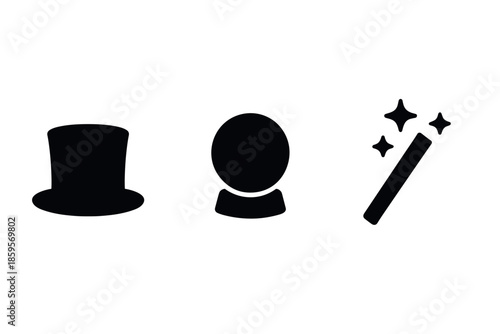 Magic icons top hat, crystal ball, and wand silhouettes for enchanting designs