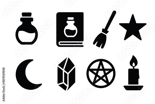 Mystical silhouette icons potion, broom, star, and more