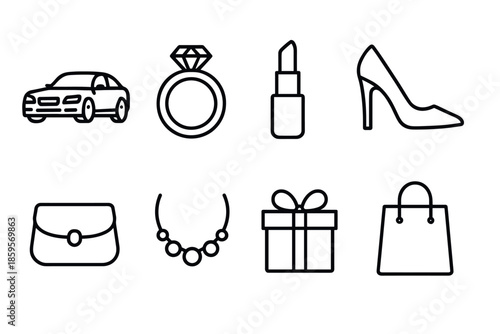 Modern linear icons of luxury items car, jewelry, fashion accessories, and gifts