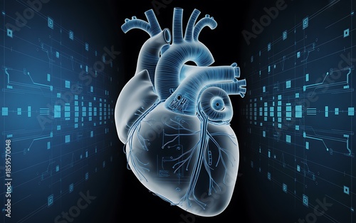 Blue transparent human heart with digital background
