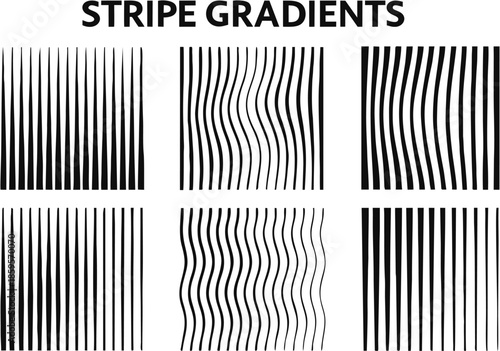 Stripe gradient vector set featuring colorful linear transitions with horizontal, vertical, and diagonal stripes, ideal for backgrounds, web design, posters, and modern digital artwork.