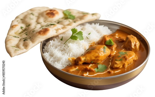 Chicken tikka masala with rice and naan bread