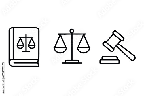 Legal symbols in minimal line art with book, scales, and gavel