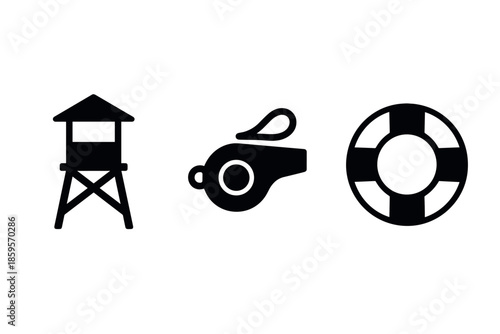 Beach safety icons lifeguard tower, whistle, lifebuoy in black and white