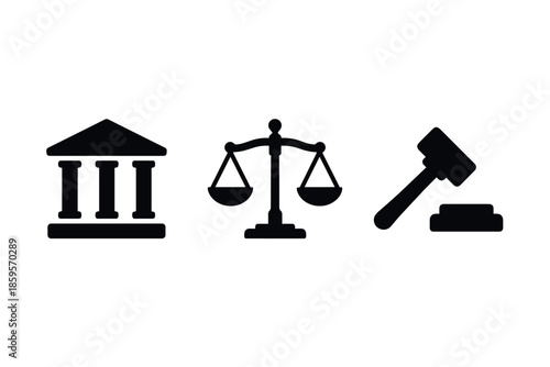 Black silhouettes of court symbols gavel, scales, and courthouse icon set