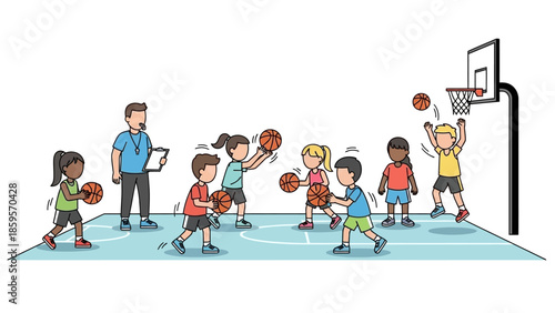 Diverse Kids Playing Basketball with Coach on Court Fun Sports Activity Teamwork Illustration
