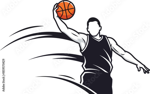 Dynamic Basketball Player Dunking Silhouette with Swirls Action Sport Illustration