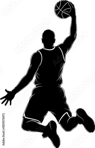 Dynamic Silhouette of a Basketball Player Slam Dunking Action Sport Vector Graphic