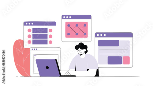 Person working on software design with layered interface and multiple browser windows open