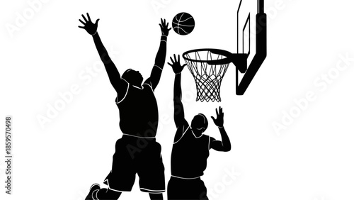 Dynamic Silhouette of Basketball Players Competing for a Dunk Shot Under the Hoop