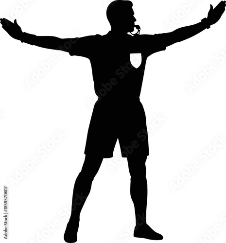 Silhouette of a Soccer Referee Signaling with Arms Outstretched Whistle in Mouth Isolated on White Background