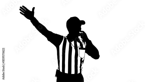 Silhouette of a Sports Referee Signaling a Penalty with a Whistle and Raised Arm