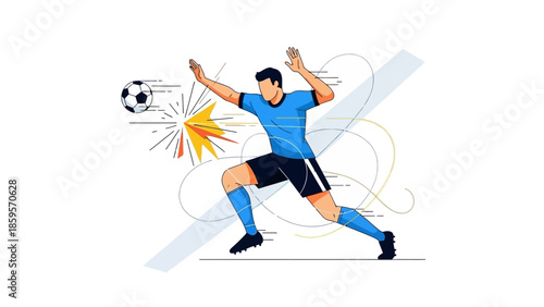 Dynamic Soccer Player Kicking Ball with Energetic Impact Lines Action Illustration for Sports Websites and Marketing