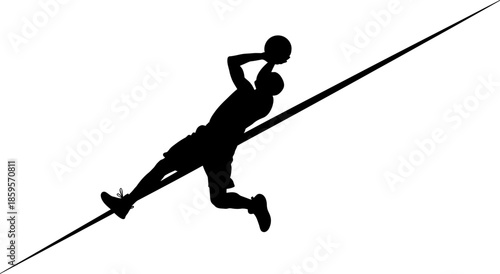 Silhouette of a basketball player leaping to shoot a ball against a clean white background dynamic sports action