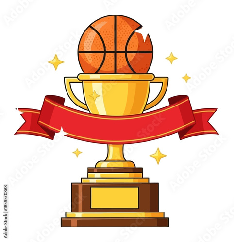Golden Basketball Trophy with Red Ribbon and Stars Victory Championship Award