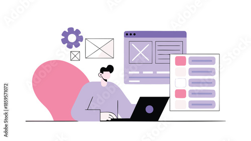 Programmer interacting with digital tools and interface on laptop computer with online design elements