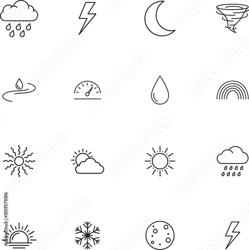 Weather and Climate line art icon collection. Includes line art symbols sun, cloud, rain, wind, storm and more. Isolated icons. Weather icon set. Minimalist icons pack.
