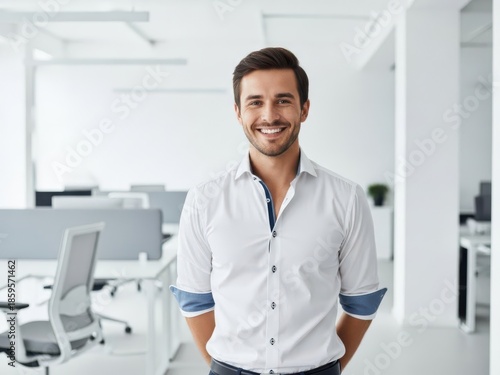 Smiling businessman standing in a modern office isolated on transparent background