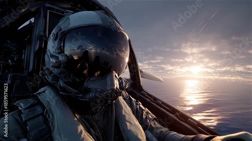 Wallpaper Mural Pilot in fighter jet cockpit during sunset flight over ocean with contrails visible Torontodigital.ca