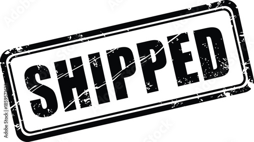 Black shipped stamp with a distressed texture rectangular shape on transparent background