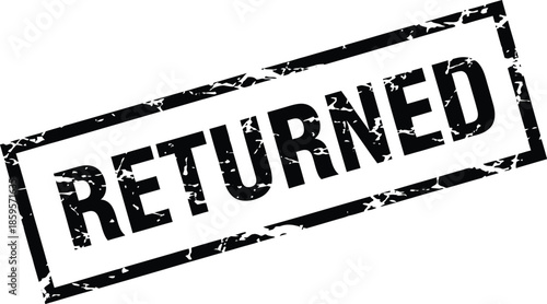 Black rubber stamp with the word returned inside a textured rectangle on transparent background