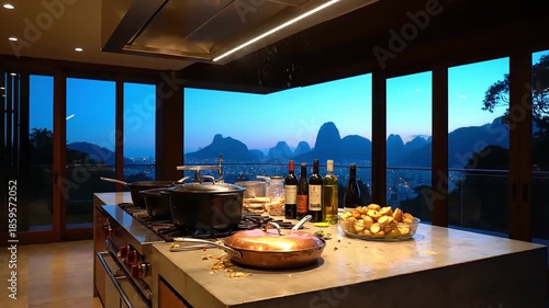 Sophisticated modern kitchen illuminated by evening light, offering a stunning panoramic view of a vibrant cityscape and majestic mountains at twilight