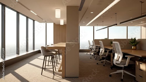 Spacious and sunlit modern office interior with large windows, featuring open-plan workstations and a high table for collaboration, ideal for productivity