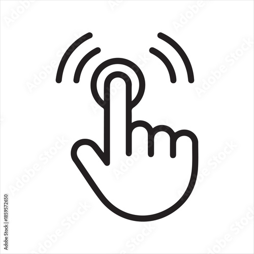 A simple black and white line drawing of a hand pressing a button