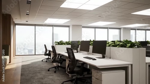 Modern office interior with rows of desks, computers, and natural light streaming through large windows, creating a bright and productive workspace environment