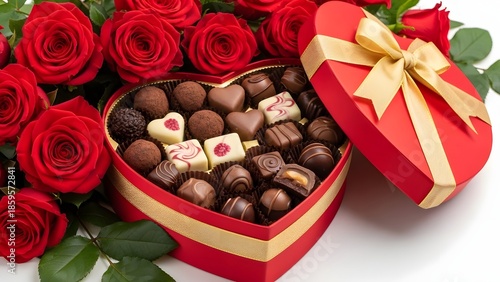 Heart-shaped box of chocolates surrounded by roses