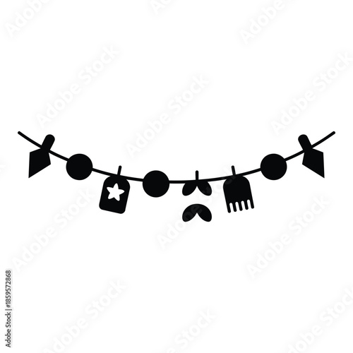 Clothes hanging on a line with various items